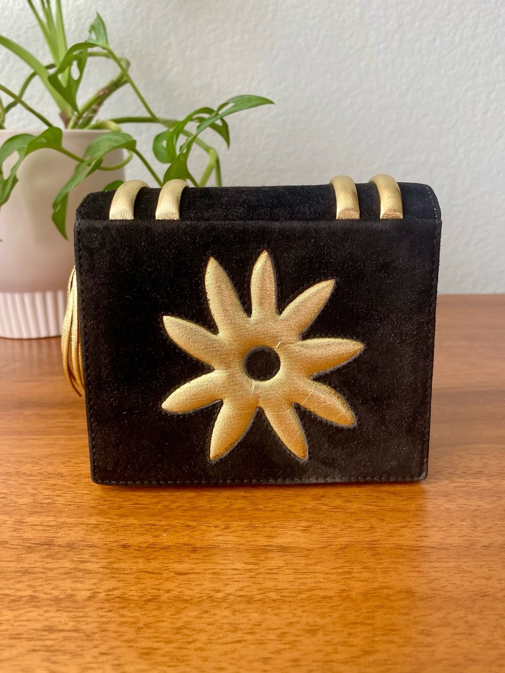 Vintage 1980’s Paloma Picasso Black Suede & Gold Mini Faux Library Book Bag Mini